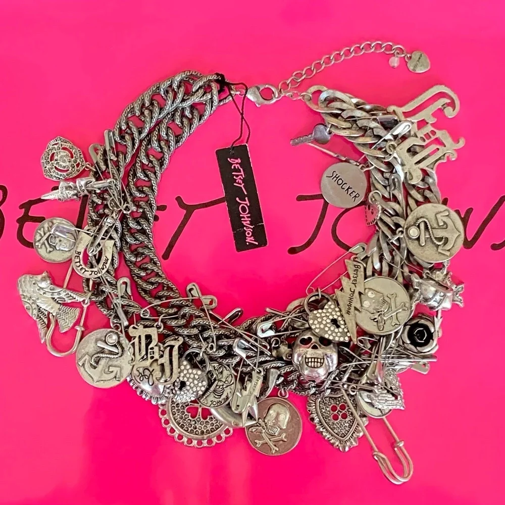 VINTAGE BETSEY JOHNSON Black Label Statement Charms Chain Necklace